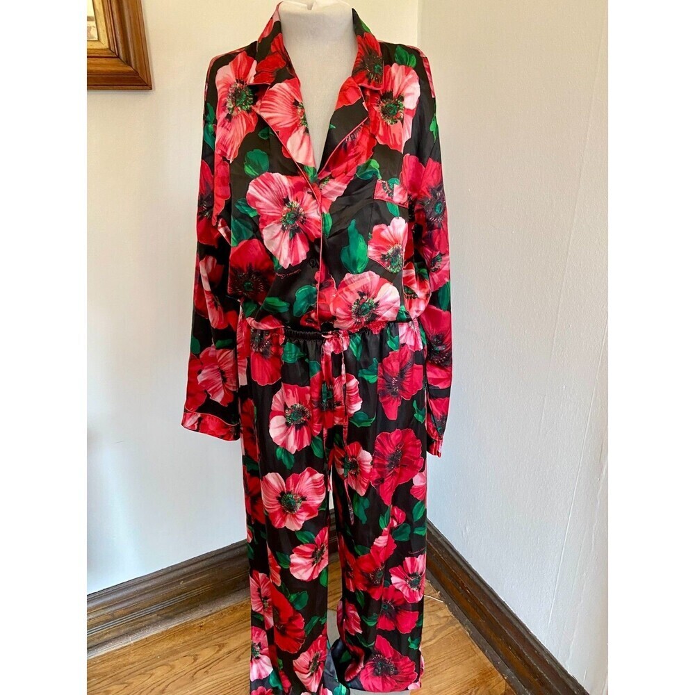 Victoria Secret Floral Satin Pajama Set Pants Long Sleeve Red Black Poppy Large